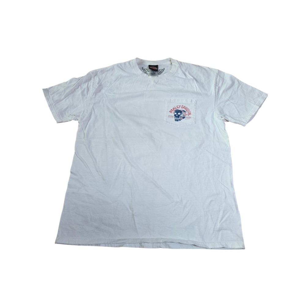 Harley Davidson Cherokee NC Biker Build Skull Pocket T-Shirt Mens XL White VR